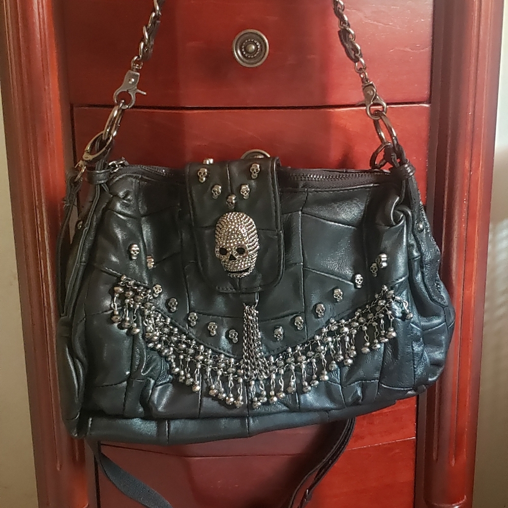 Gothic black leather rhinestones skull shoulder purse (real leather)